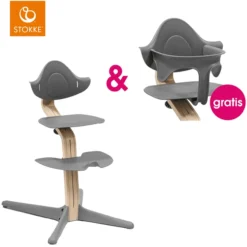 STOKKE® Nomi® Hochstuhl Buche Natur / Grau + Gratis Baby Set Grau