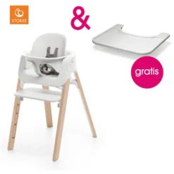 STOKKE® Steps™ Hochstuhl Weiß Buche Natur Inkl. Baby Set Weiß + Gratis Tray Weiß