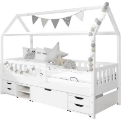 TiCAA Hausbett Traumhaus Mit 4 Funktionsschubladen