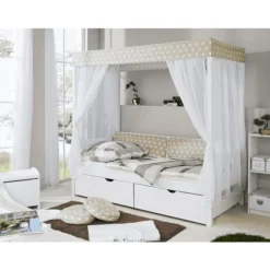 TiCAA Himmelbett Beige Mit 2 Schubladen